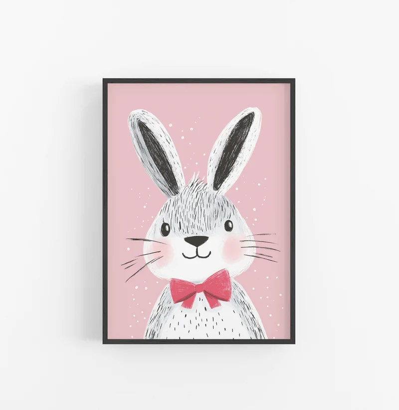 Cuadro Dibujo Infantil Conejo Rosa Rojo