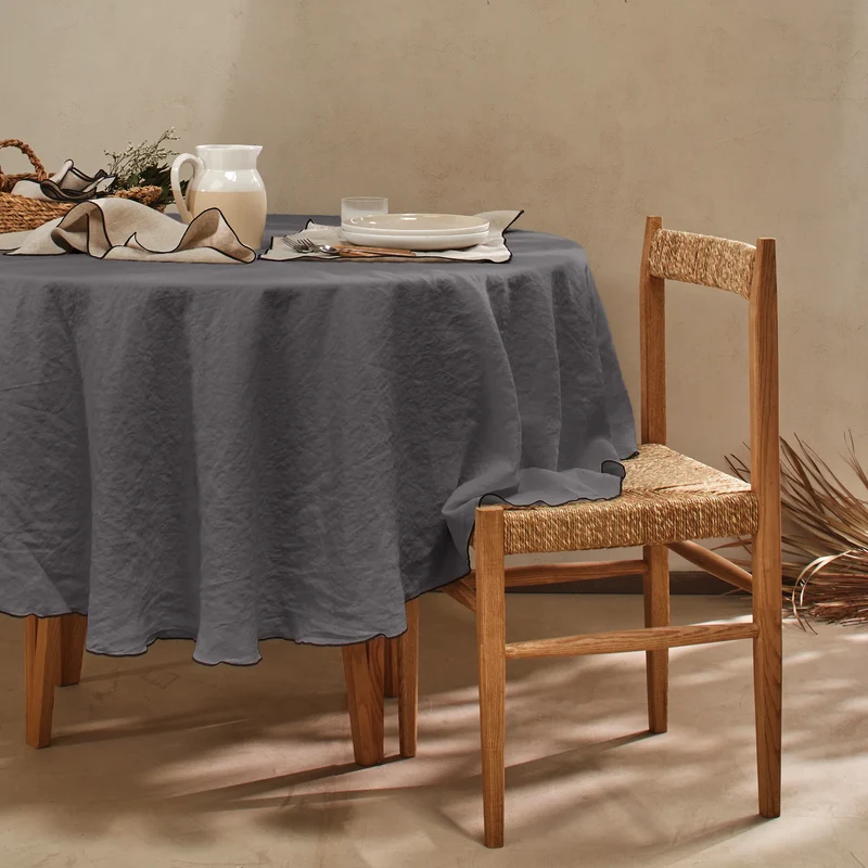 Mantel redondo con bourdon de lino lavado gris plomo