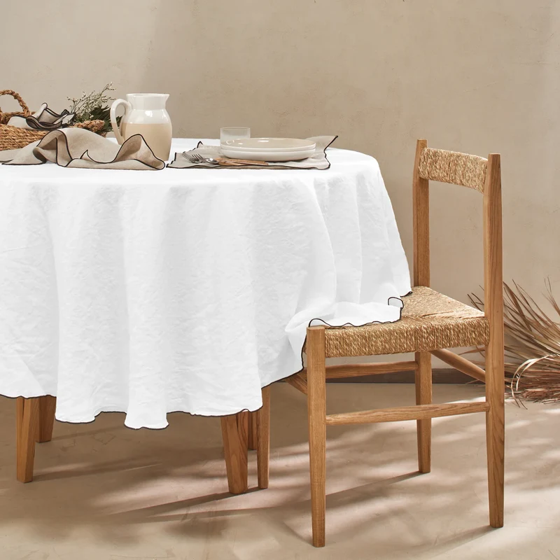 Mantel redondo con bourdon de lino lavado blanco óptico