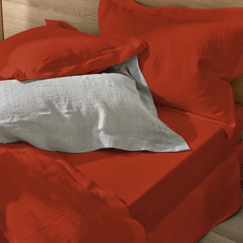 Par de fundas de almohada con volantes planos de lino Coral