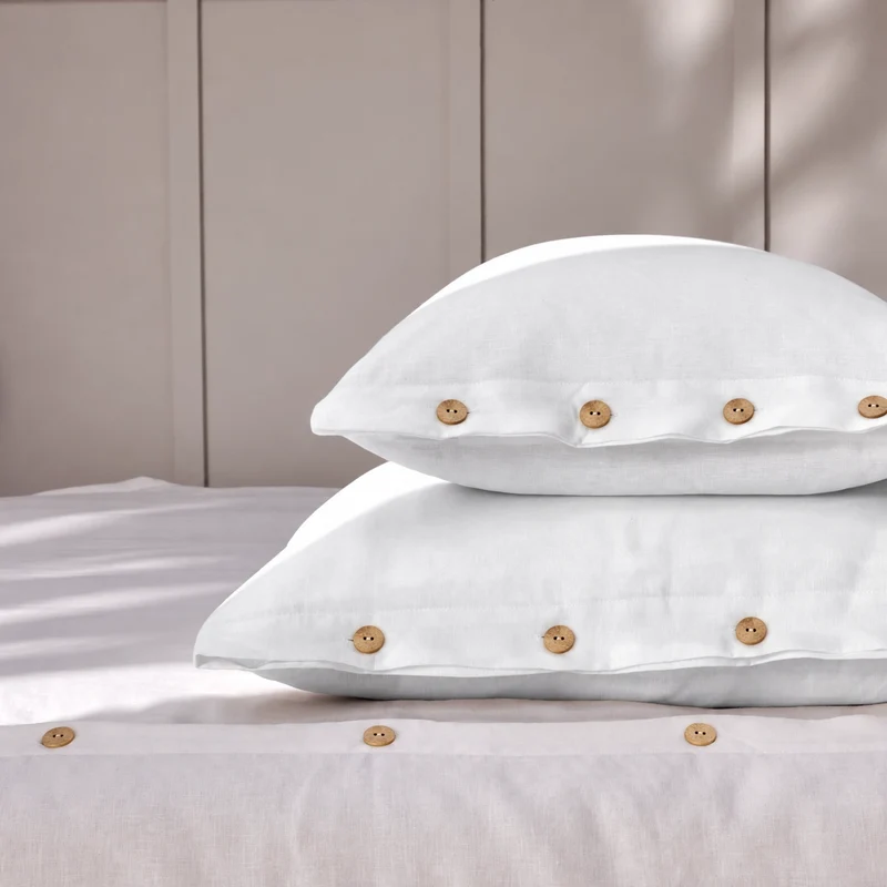 Lote de 2 fundas de almohada con botones de lino blanco óptico