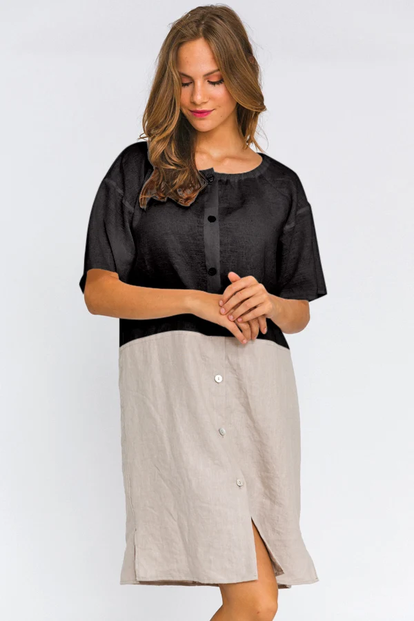 Camisón con mangas cortas de lino tinta negra – Gabi