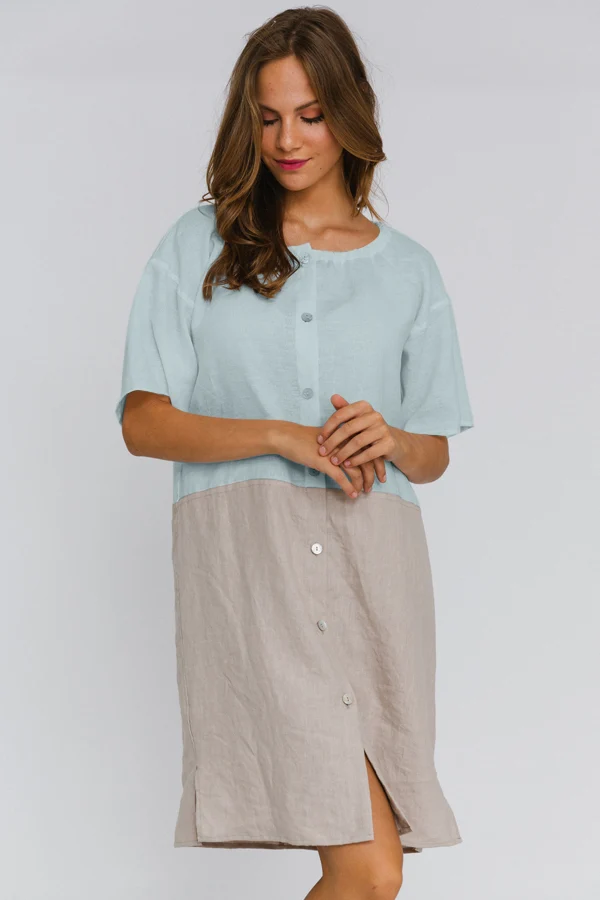 Camisón con mangas cortas de lino azul glaciar – Gabi