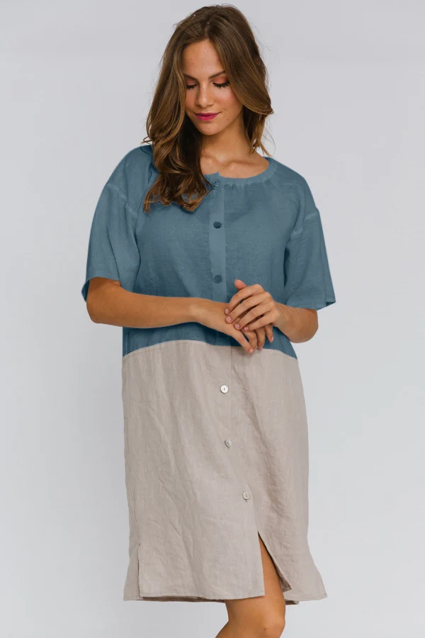 Camisón con mangas cortas de lino azul francés – Gabi