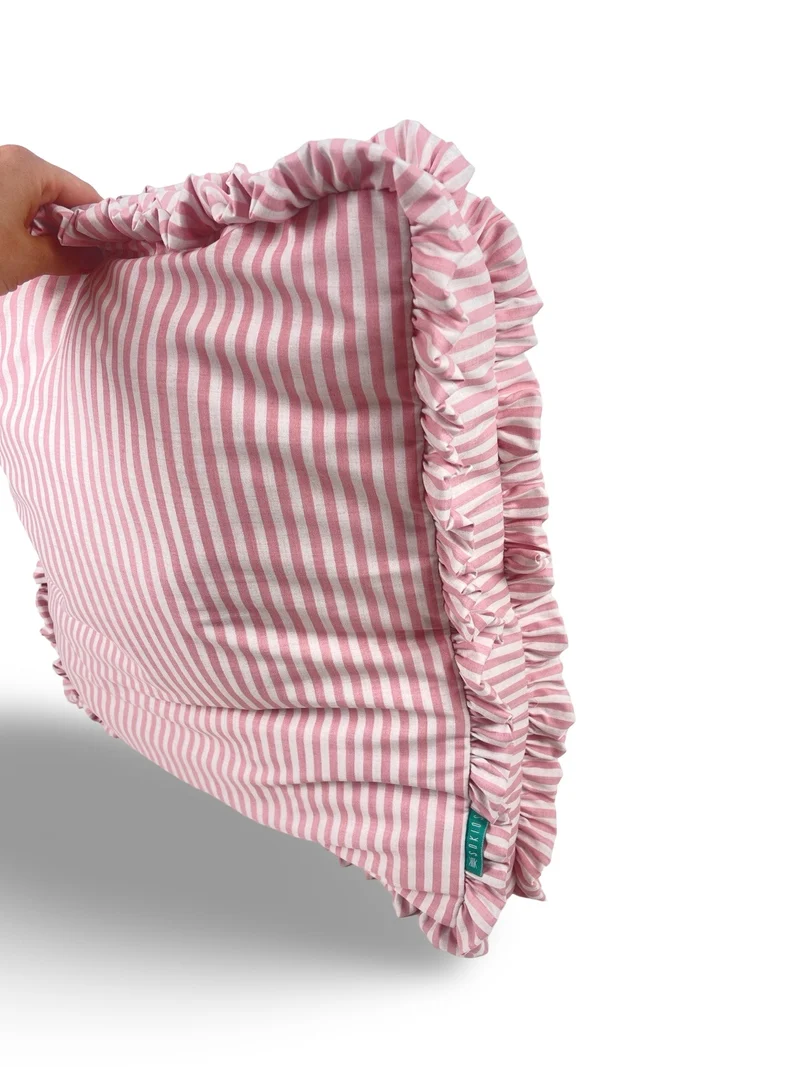 Funda Cojín con Platabanda y Volante Fruncido a Rayas XS Rosa
