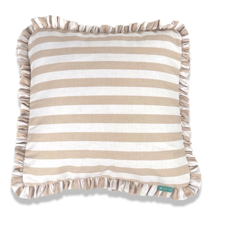 Funda Cojín con Platabanda y Volante a Rayas Beige