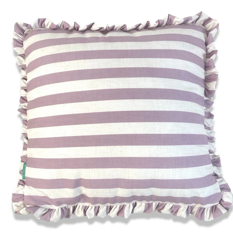 Funda Cojín con Platabanda y Volante a Rayas Malva