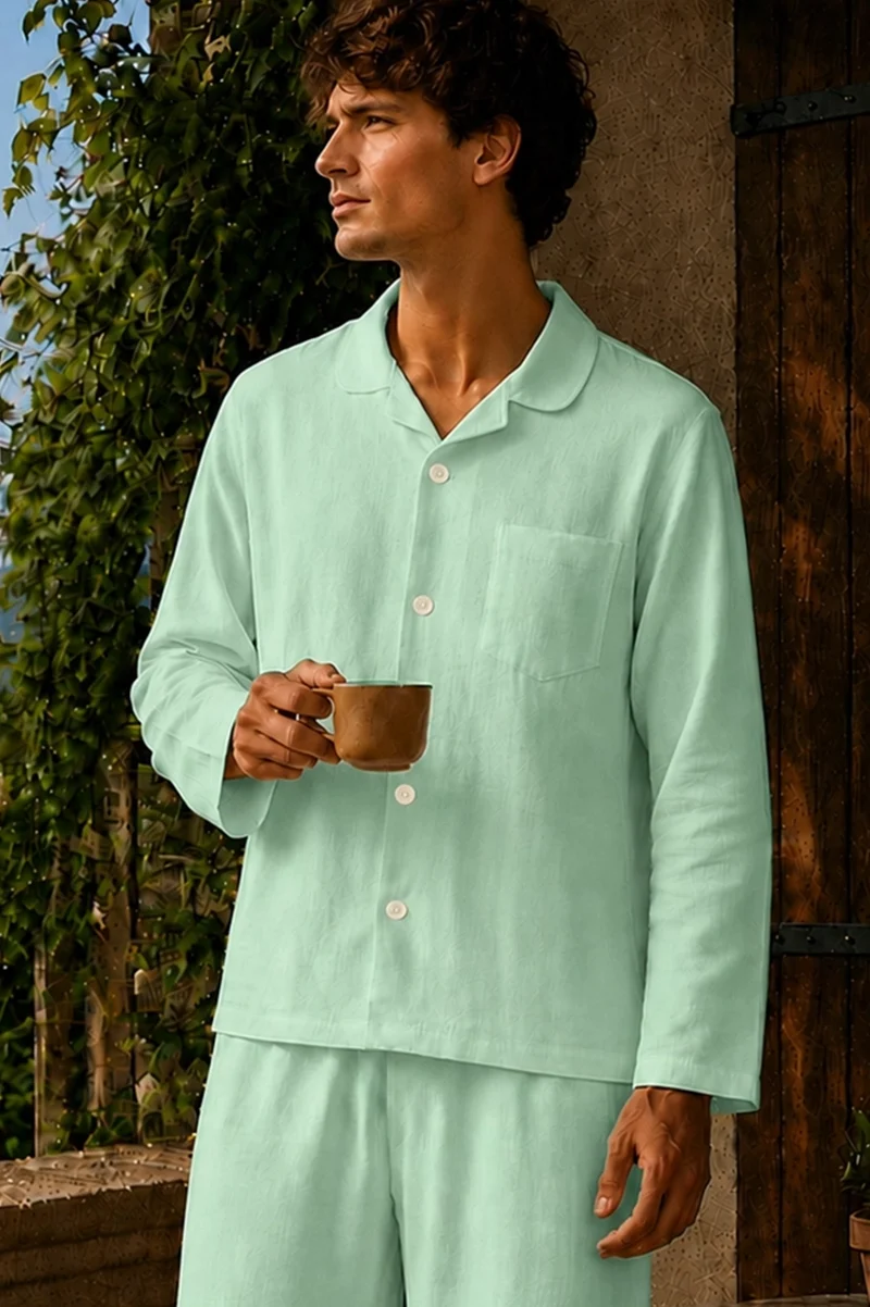 Camisa de pijama con mangas largas en lino verde menta - Diego