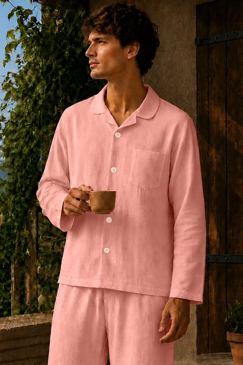 Camisa de pijama con mangas largas en lino rosa - Diego