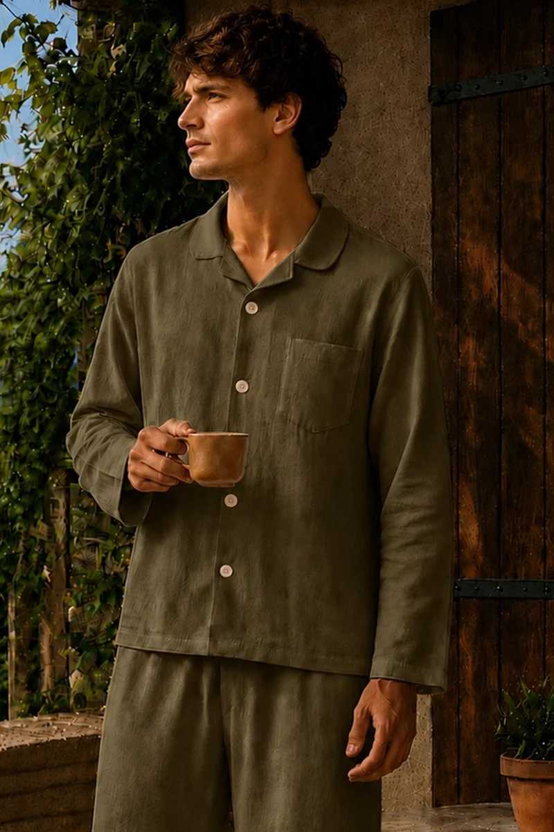 Camisa de pijama con mangas largas en lino verde oliva - Diego