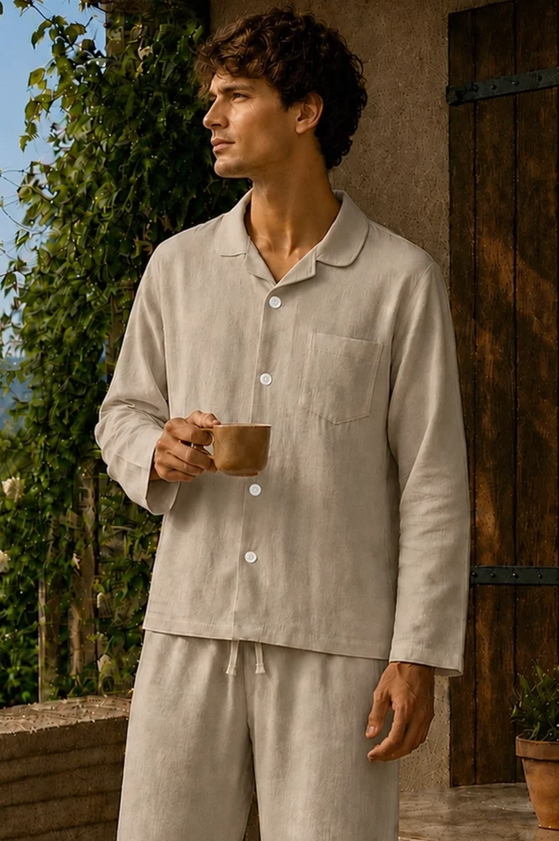 Camisa de pijama con mangas largas en lino natural - Diego