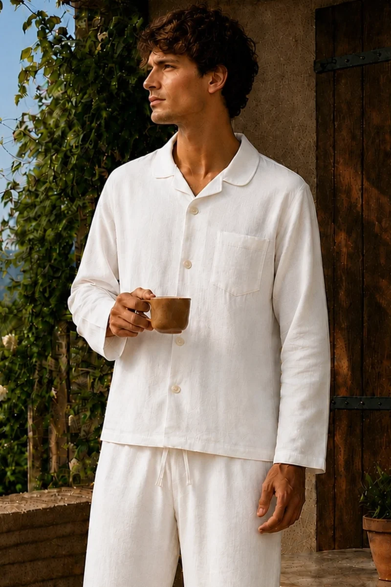 Camisa de pijama con mangas largas en lino marfil - Diego