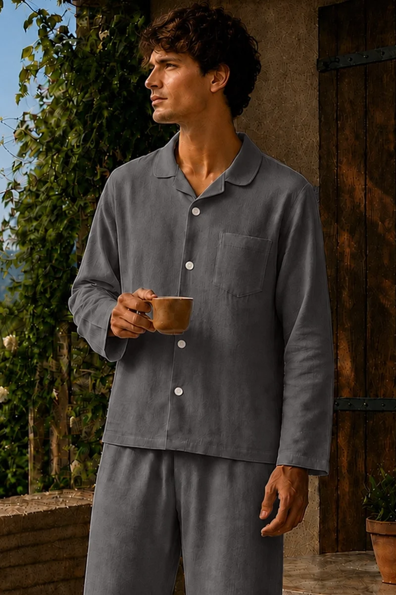 Chaqueta de pijama con mangas largas en lino gris plomo - Diego