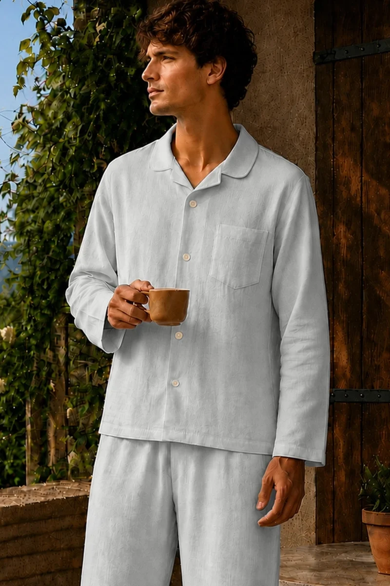 Camisa de pijama con mangas largas en lino gris mineral - Diego
