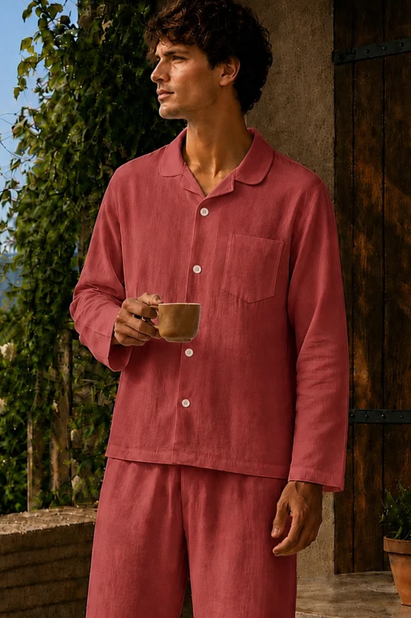 Camisa de pijama con mangas largas en lino ladrillo - Diego