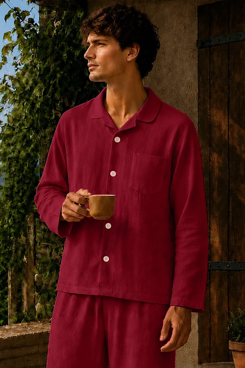 Camisa de pijama con mangas largas en lino burdeos - Diego