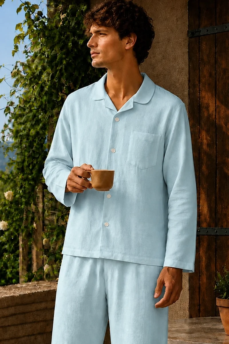 Camisa de pijama con mangas largas en lino azul glaciar - Diego