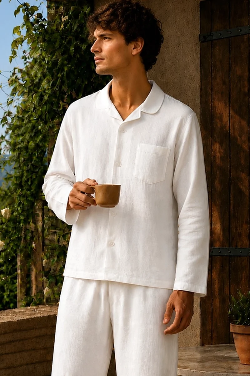 Camisa de pijama con mangas largas en lino blanco óptico - Diego