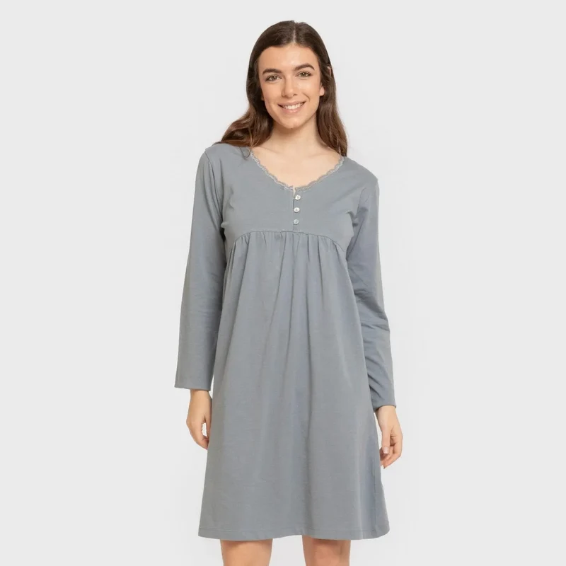 Camisón algodón manga larga encaje liso