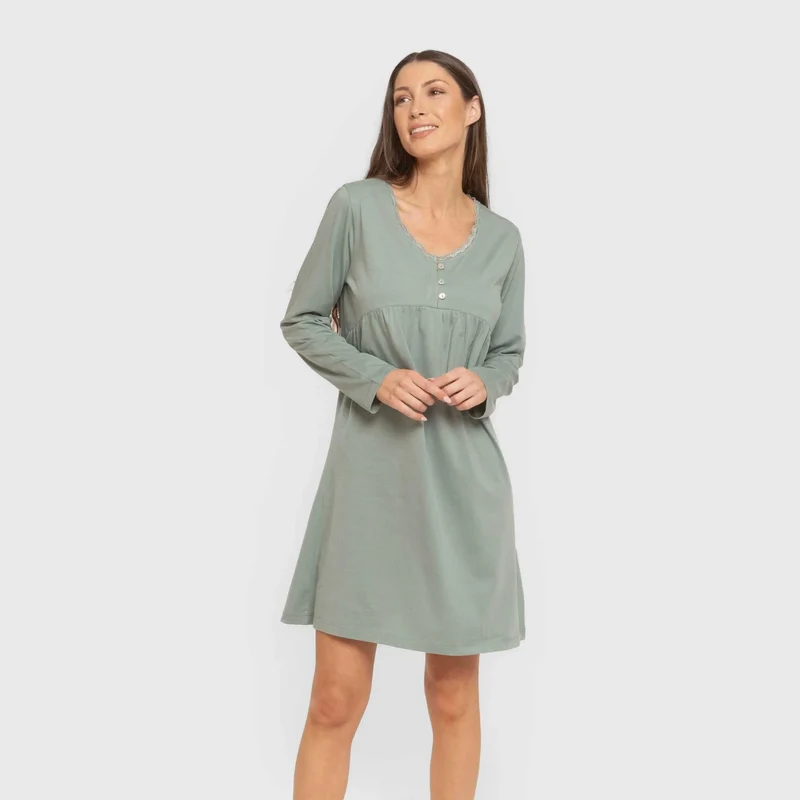 Camisón algodón manga larga encaje liso
