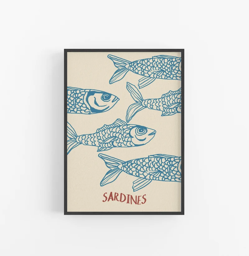 Cuadro Acuatico Sardinas Azul Crema
