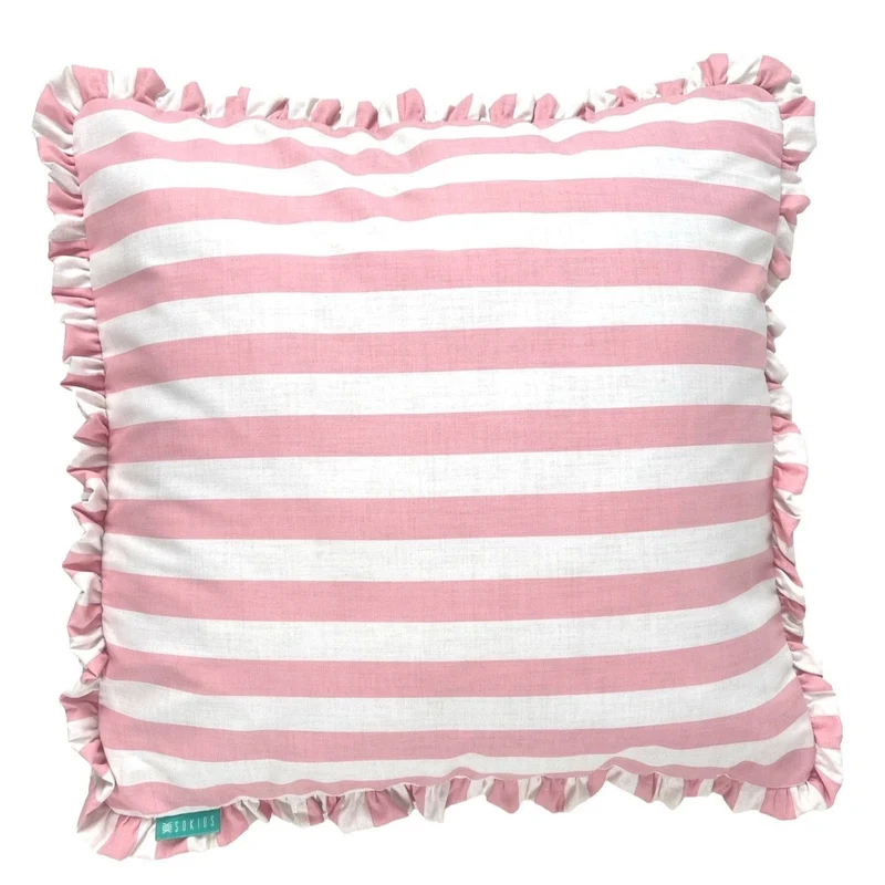 Funda Cojín con Platabanda y Volante a Rayas Rosa