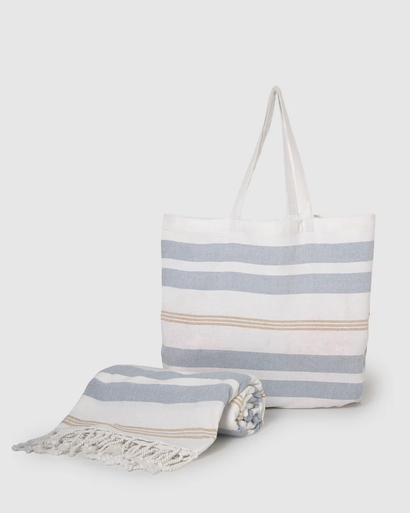 Pack bolso + toalla pareo algodón raya velour azul agua
