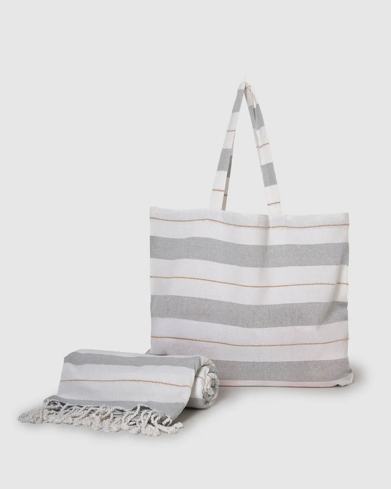 Pack bolso + toalla pareo algodón raya zenia ocre