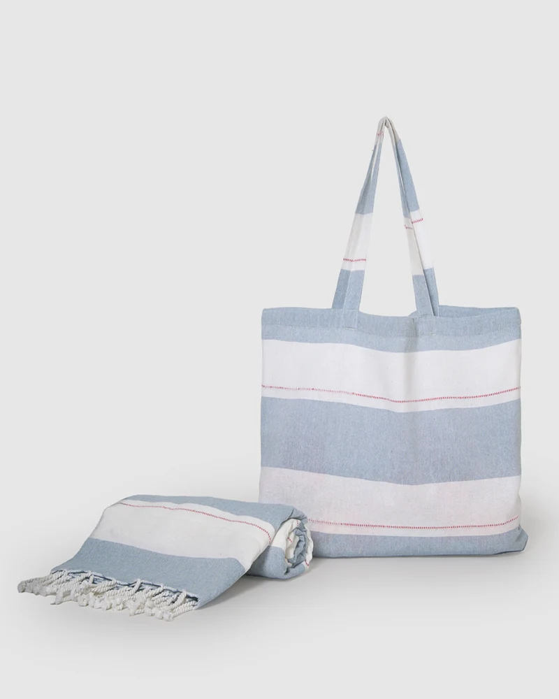 Pack bolso + toalla pareo algodón raya oria índigo