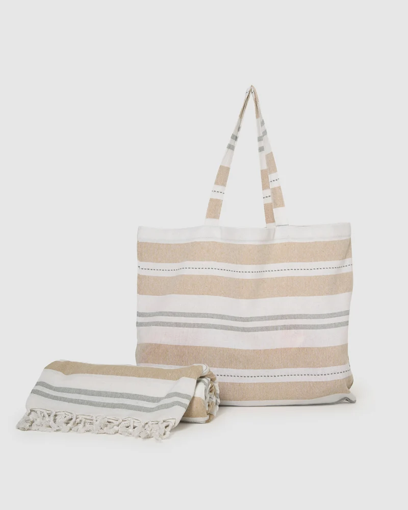 Pack bolso + toalla pareo algodón raya rivara ocre