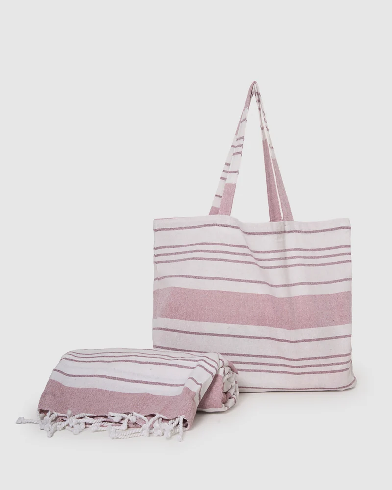Pack bolso + toalla pareo algodón raya indra rosa