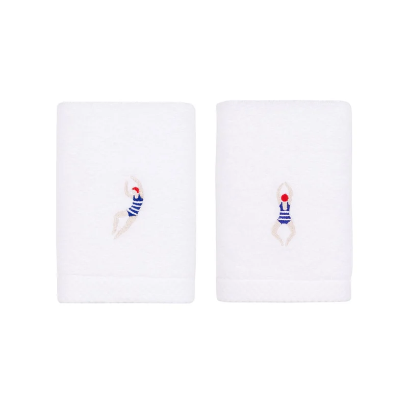 Toalhas de banho Luxus brancas, em algodão, com desportistas retro bordados