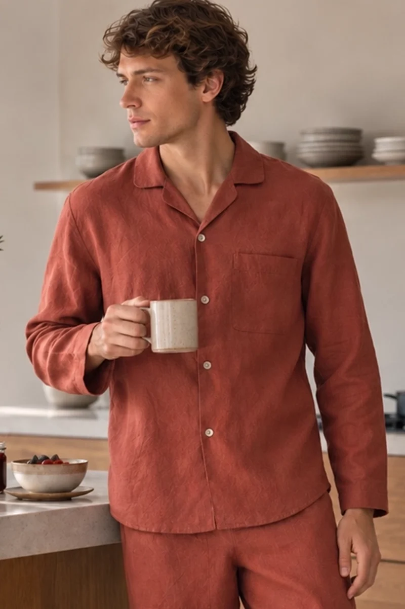 Camisa de pijama de manga larga en lino ladrillo - Ronaldo