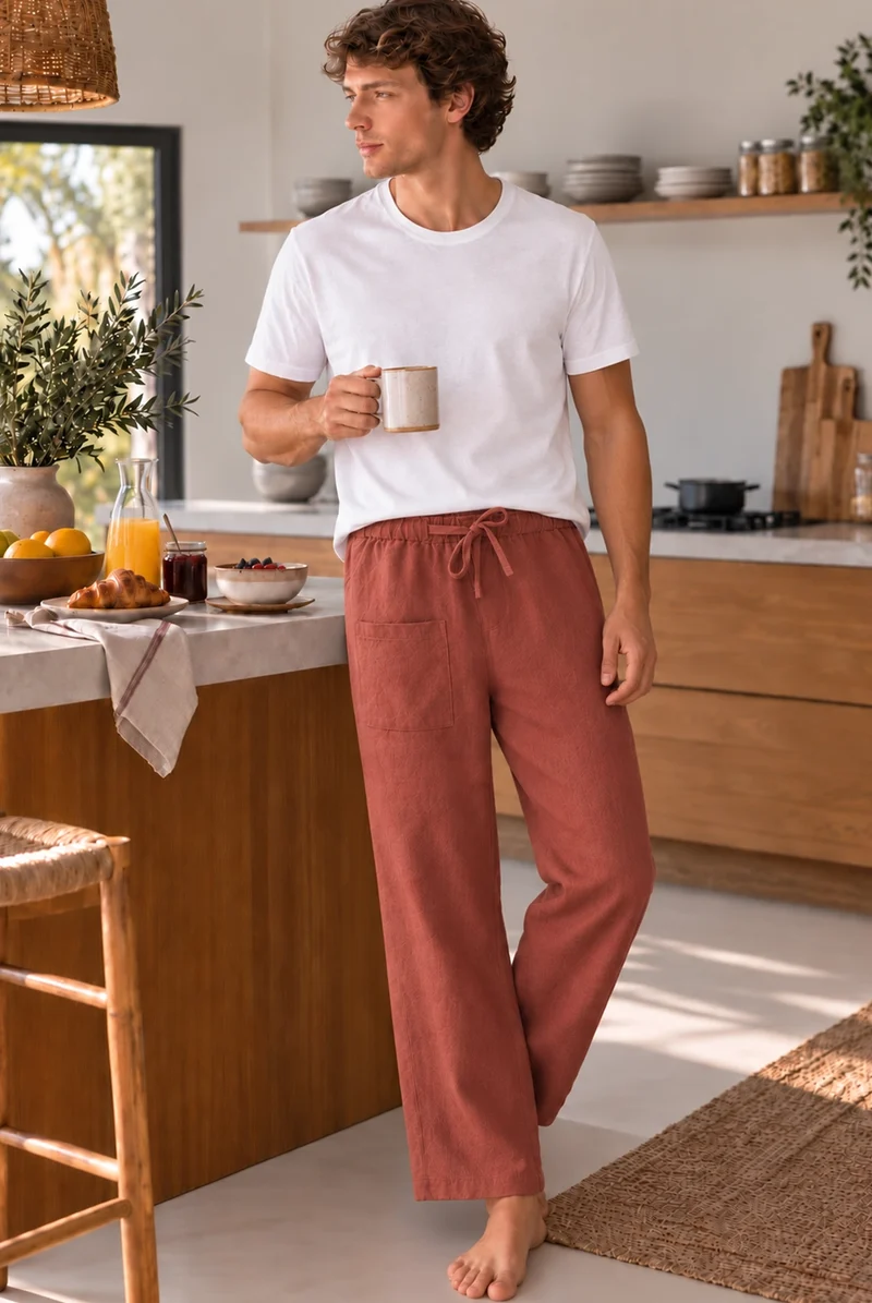 Pantalones de pijama para hombre en lino ladrillo - Ronaldo