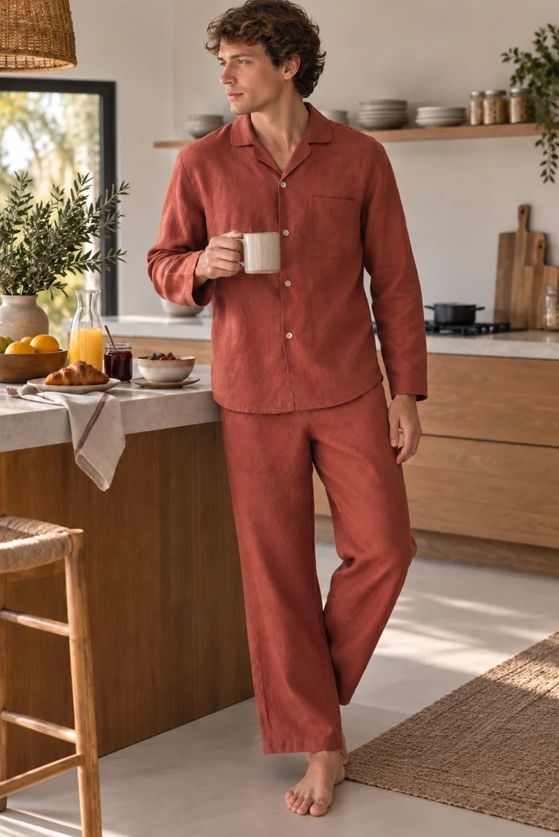 Conjunto de pijama largo para hombre en lino ladrillo - Ronaldo