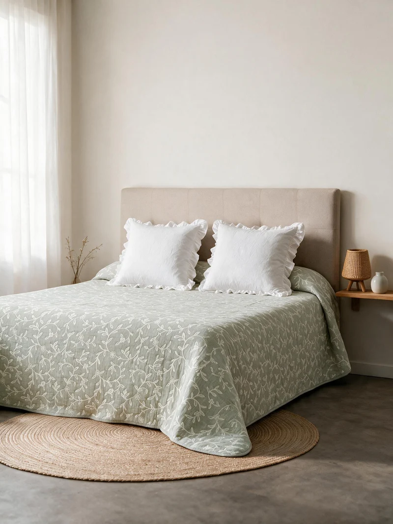 Colcha Doble Tela Algodón Jacquard Raya Acamia Verde Seco