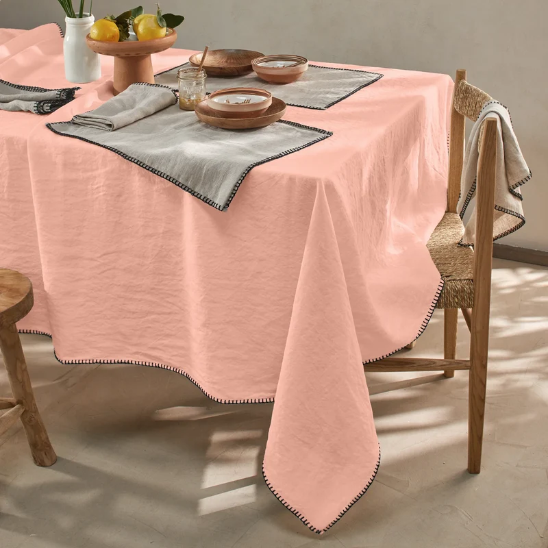 Mantel rectangular punto de festón de lino lavado rosa