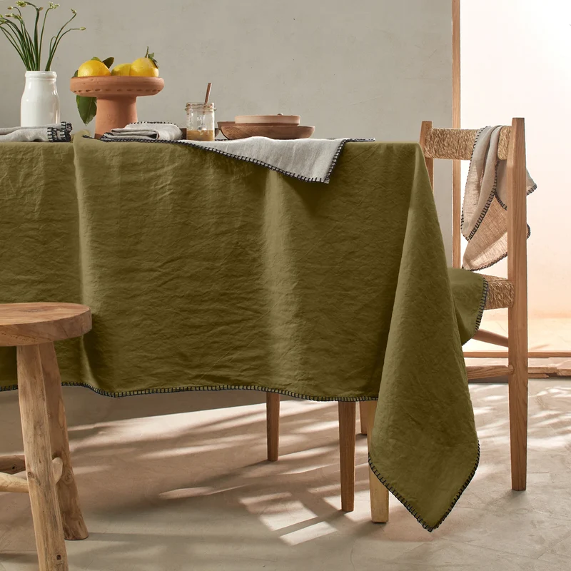 Mantel rectangular punto de festón de lino lavado lavado verde oliva