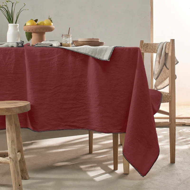 Mantel rectangular punto de festón de lino lavado ladrillo