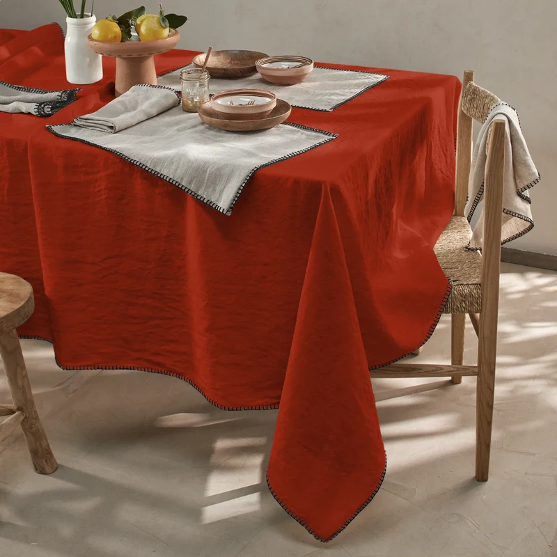 Mantel rectangular punto de festón de lino lavado coral