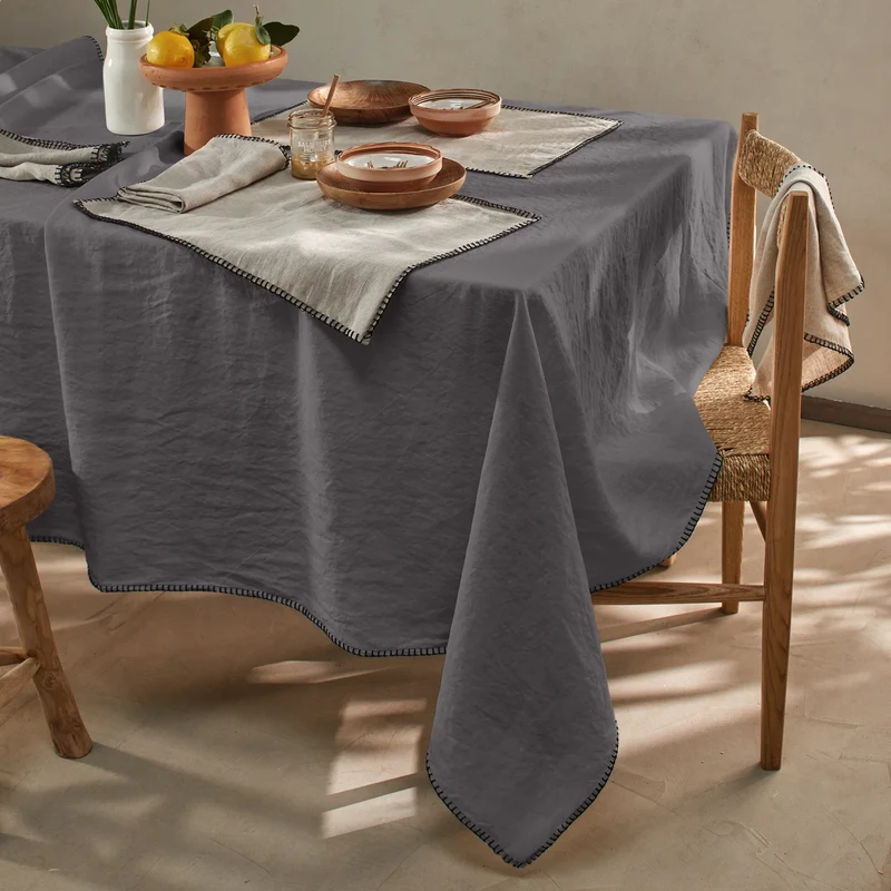 Mantel rectangular punto de festón de lino lavado gris plomo