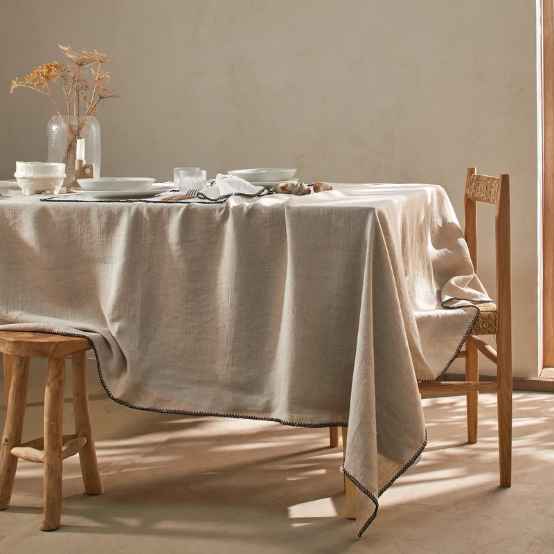 Mantel rectangular punto de festón de lino lavado natural