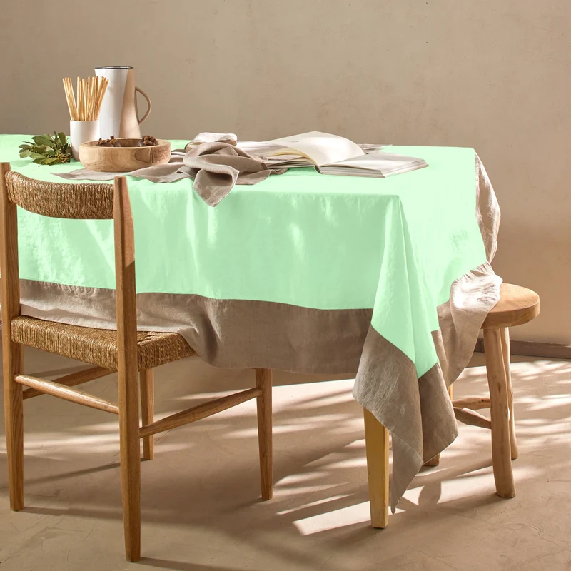 Mantel rectangular bicolor de lino lavado verde menta