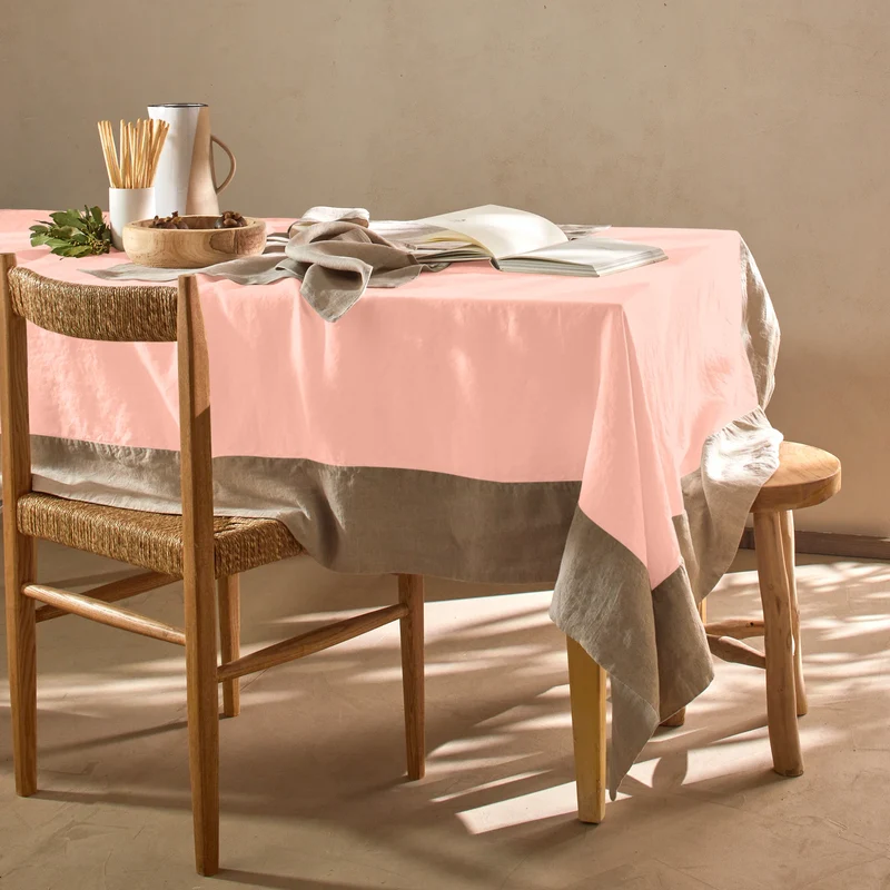 Mantel rectangular bicolor de lino lavado rosa
