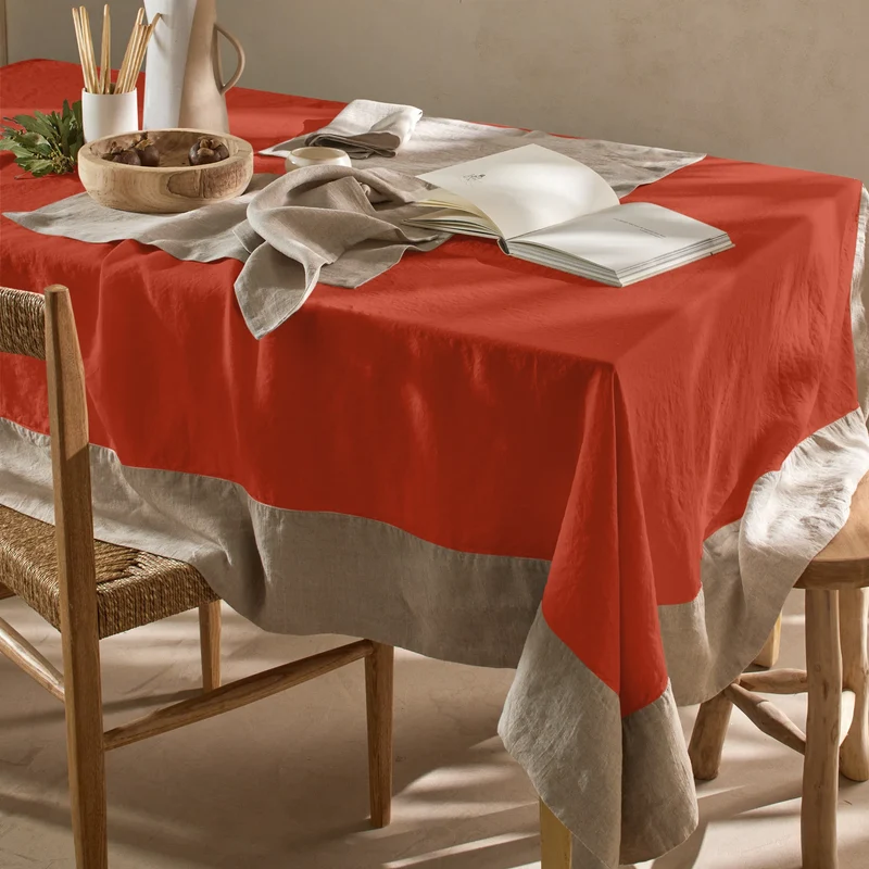 Mantel rectangular bicolor de lino lavado coral