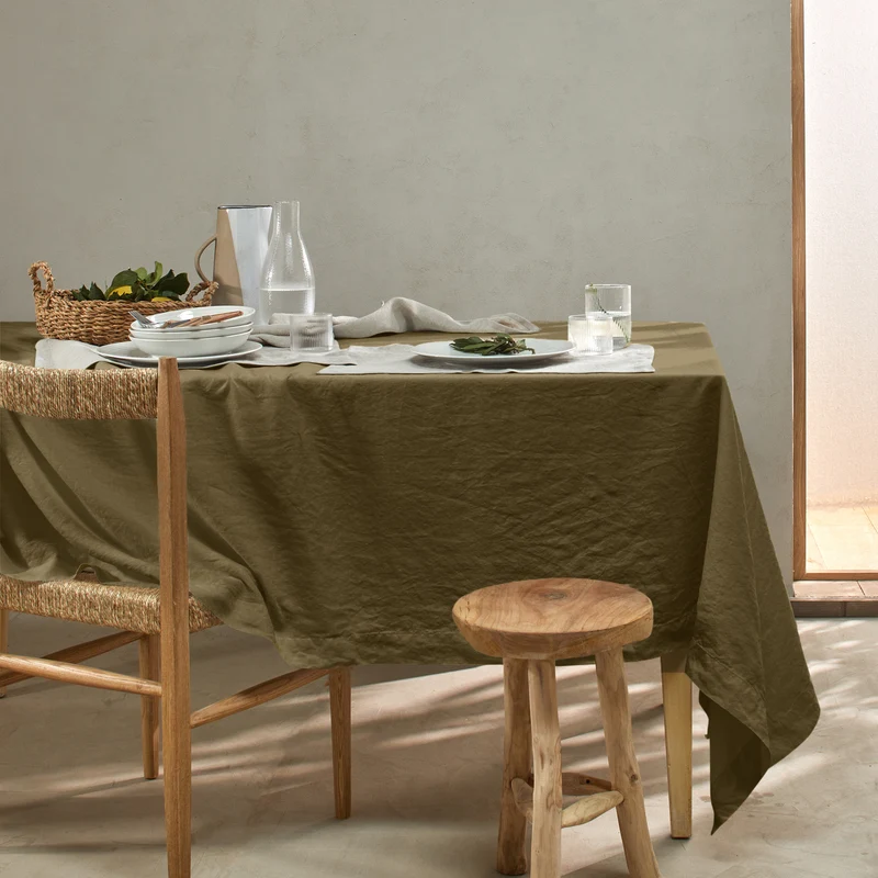 Mantel de mesa rectangular de lino lavado verde oliva