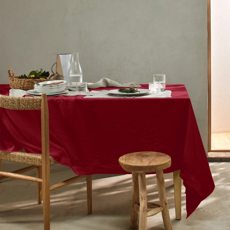 Mantel de mesa rectangular de lino lavado burdeos