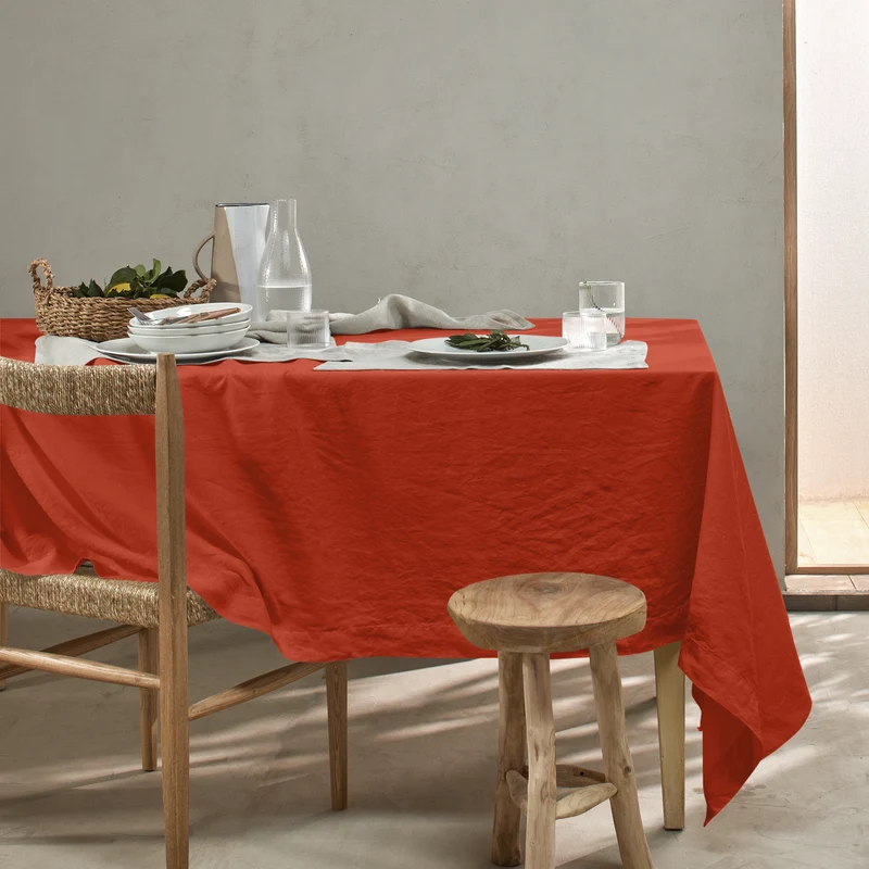 Mantel de mesa rectangular de lino lavado coral