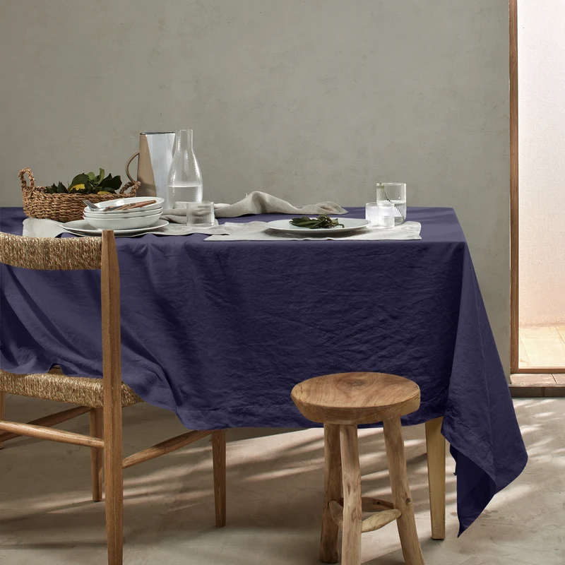 Mantel de mesa rectangular de lino lavado azul noche