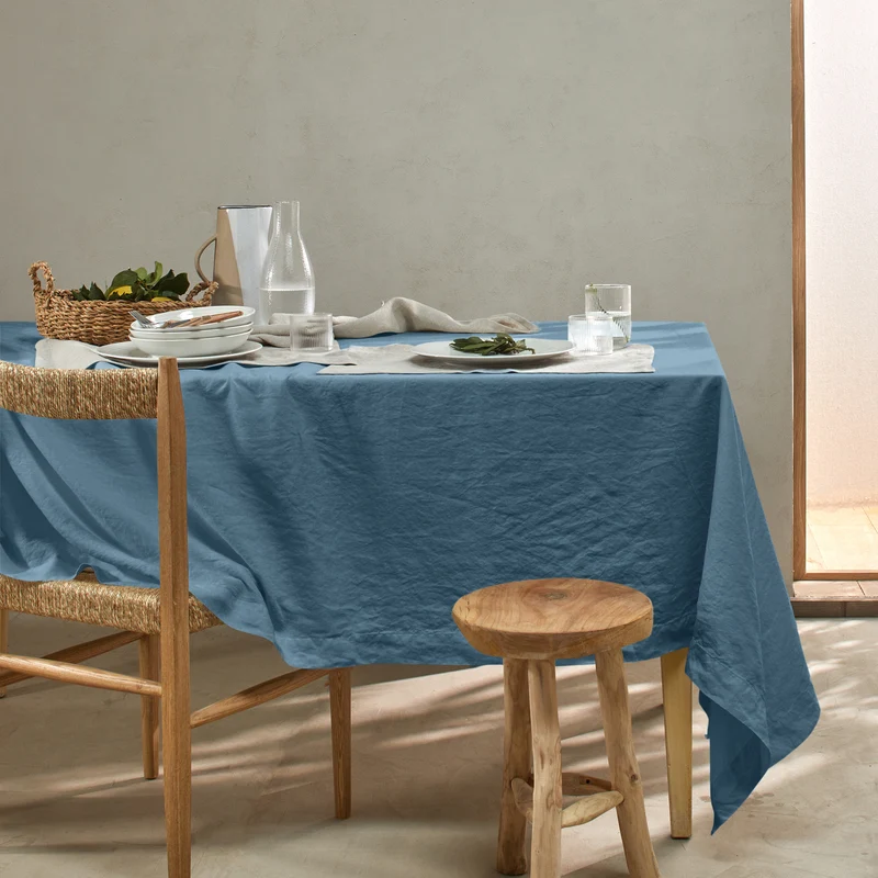 Mantel de mesa rectangular de lino lavado azul francés
